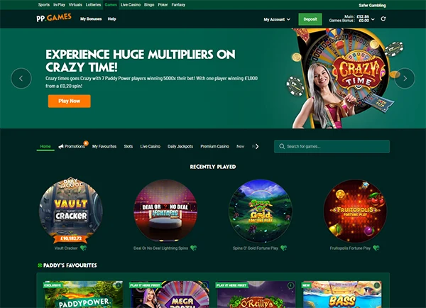 Paddy Power Games screenshot with green casino homepage and slot thumbnails