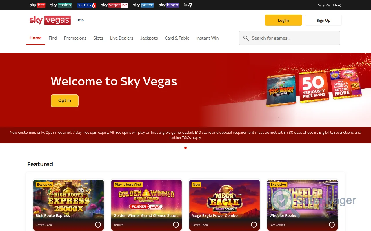 Sky Vegas homepage screenshot with red welcome banner and featured slots